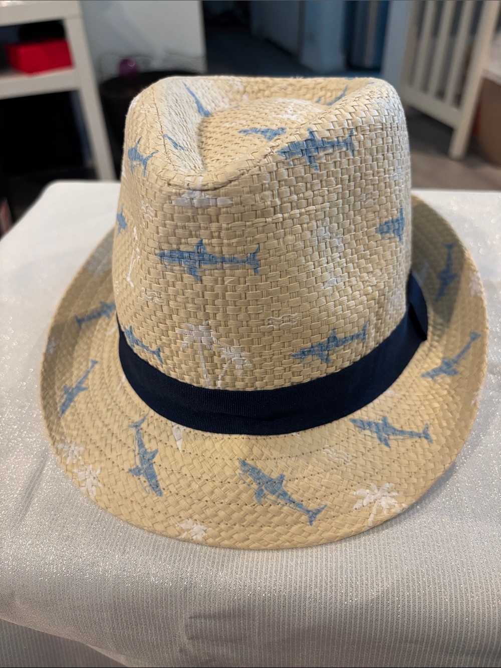 Kids Straw Fedora Hat with Blue Shark Print